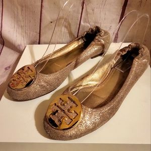 Tory Burch Reva Gold Metallic Leather Ballet Flats Gold Logo Medallion 9.5M $228